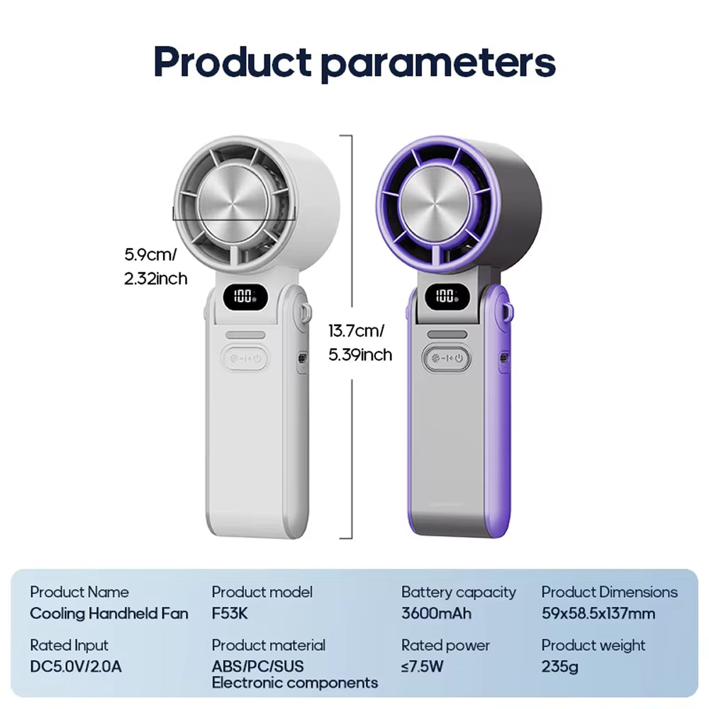 Two FrostoeByte Handheld Turbo Fan, one white and one purple, with product parameters displayed on a white background.