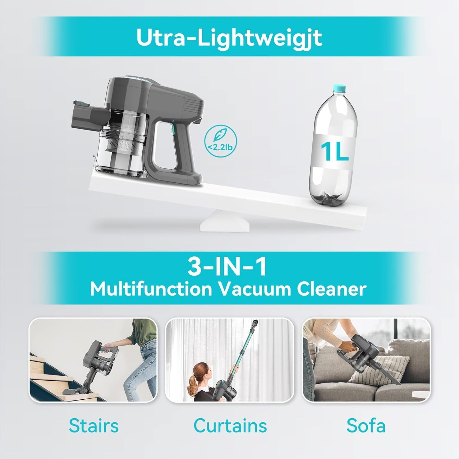 3-in-1 multifunction FurVaxim Cordless Vacuum Cleaner with a bottle labeled '1L' and text indicating 'Ultra-Lightweight'.