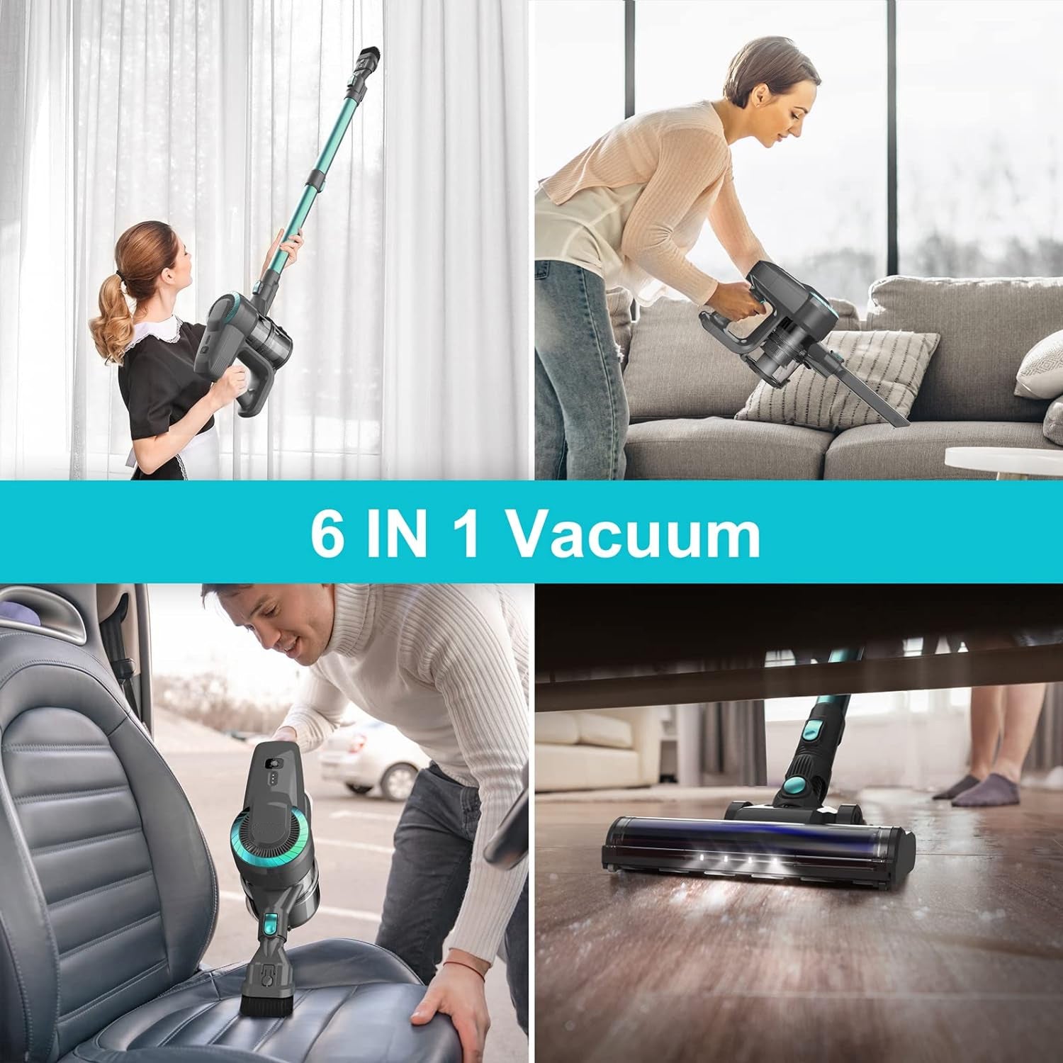 6-in-1 FurVaxim Cordless Vacuum Cleaner being used in various cleaning scenarios.
