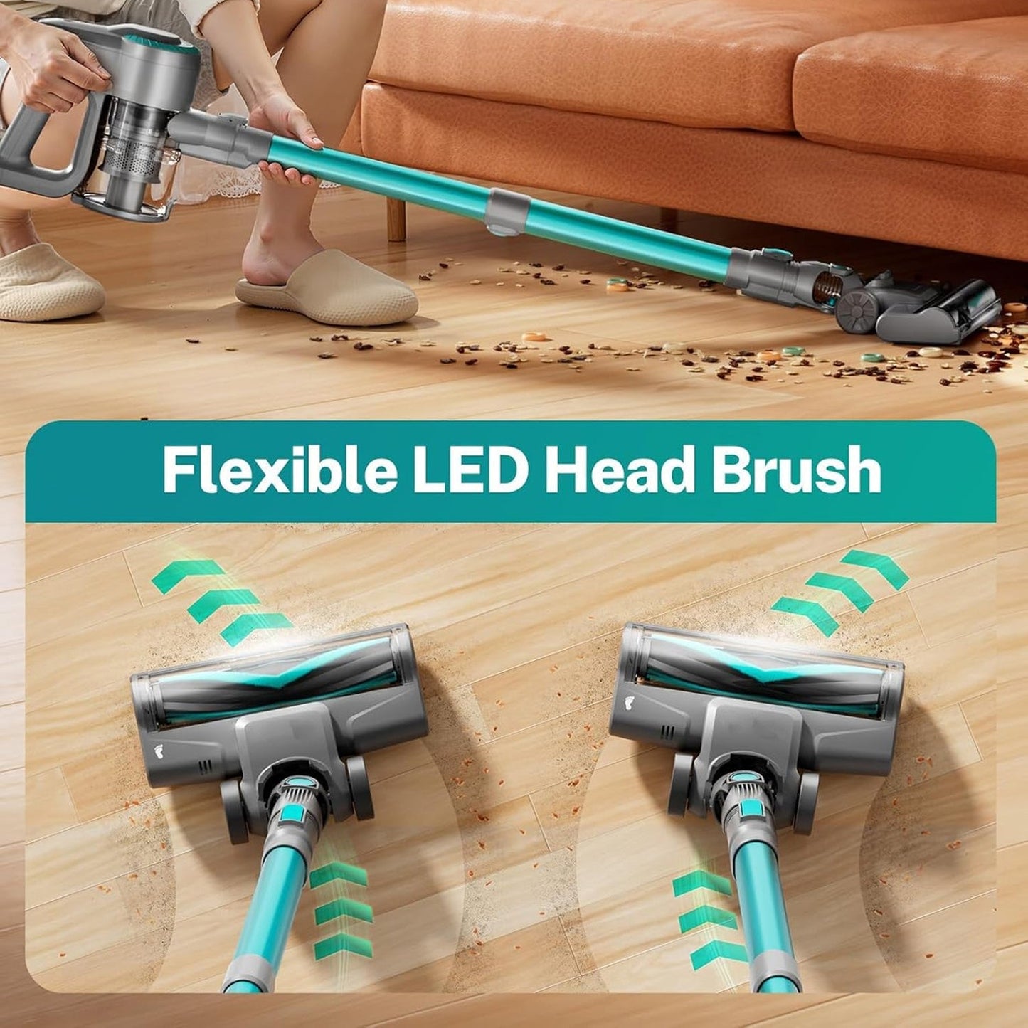 Person using a FurVaxim Cordless Vacuum Cleaner with a flexible LED head brush on a wooden floor.