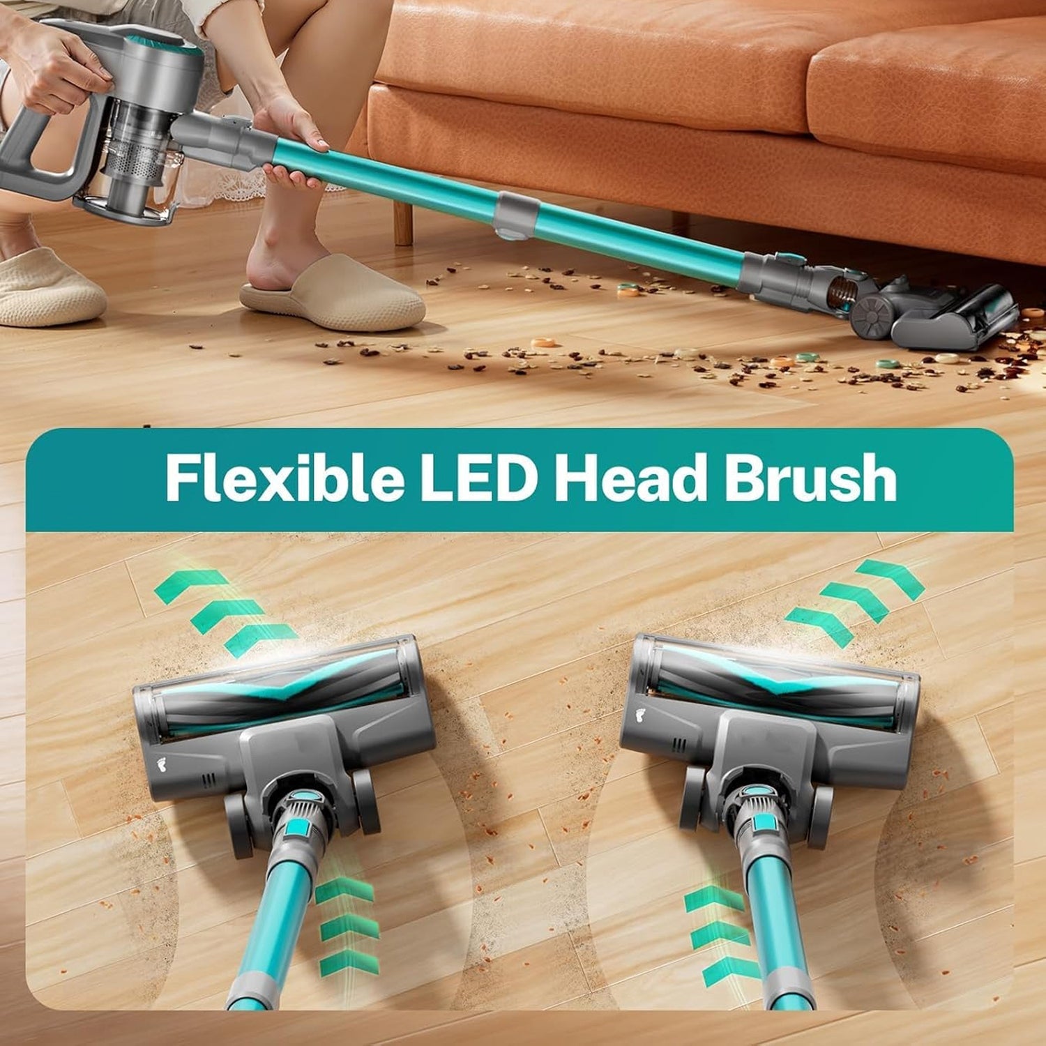 Person using a FurVaxim Cordless Vacuum Cleaner with a flexible LED head brush on a wooden floor.