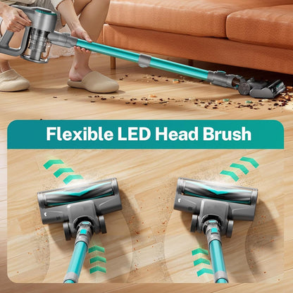 Person using a FurVaxim Cordless Vacuum Cleaner with a flexible LED head brush on a wooden floor.