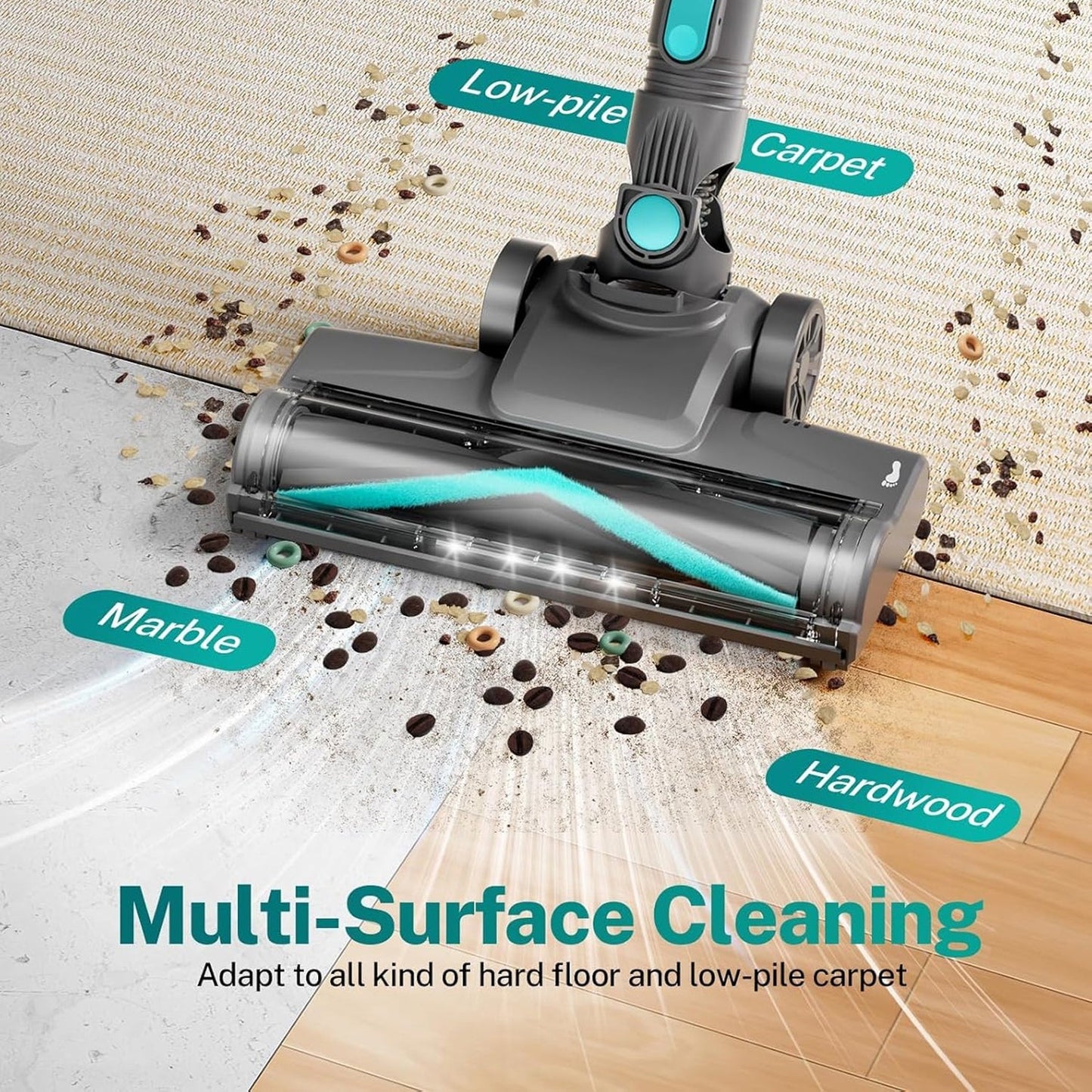 FurVaxim Cordless Vacuum Cleaner head cleaning on a surface with text indicating multi-surface cleaning capabilities.
