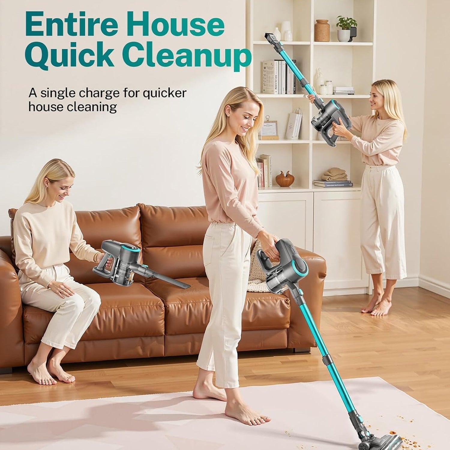 Two women using FurVaxim Cordless Vacuum Cleaner in a living room with text about quick house cleaning.