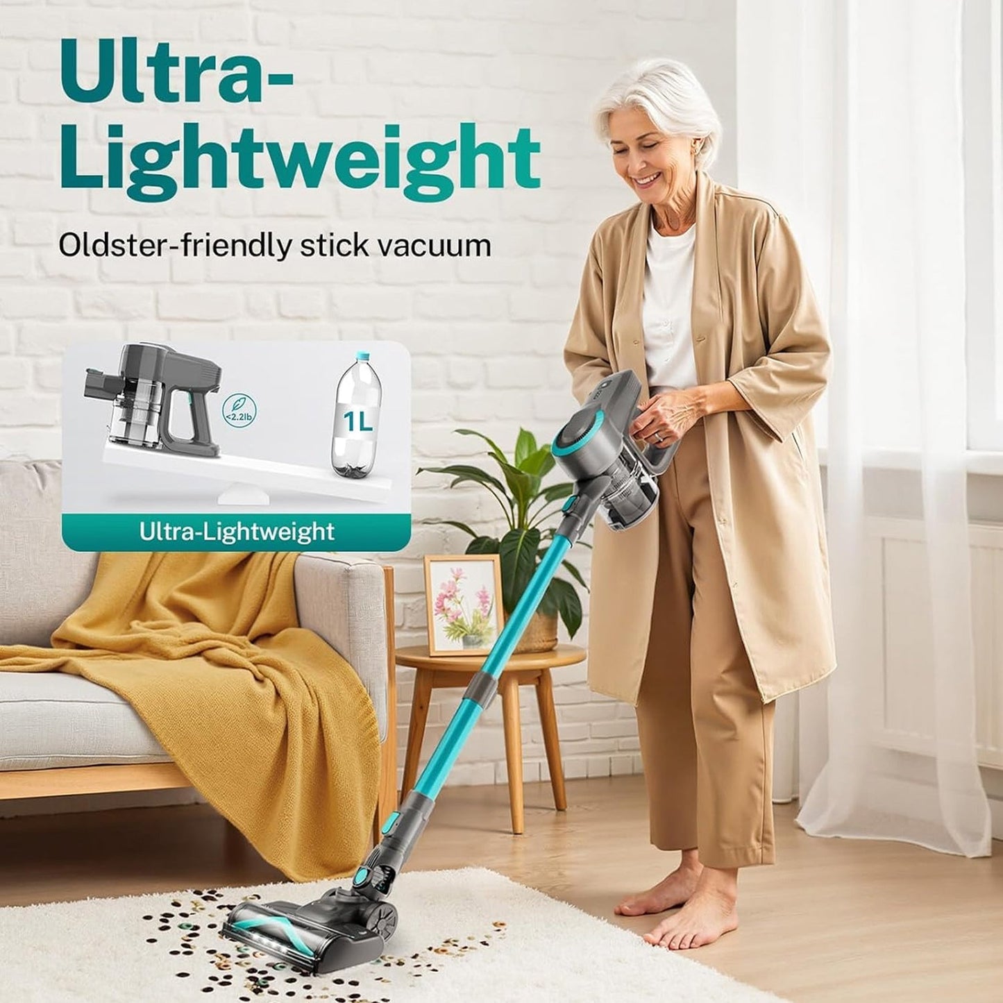 Woman using an ultra-lightweight stick FurVaxim Cordless Vacuum Cleaner in a living room.