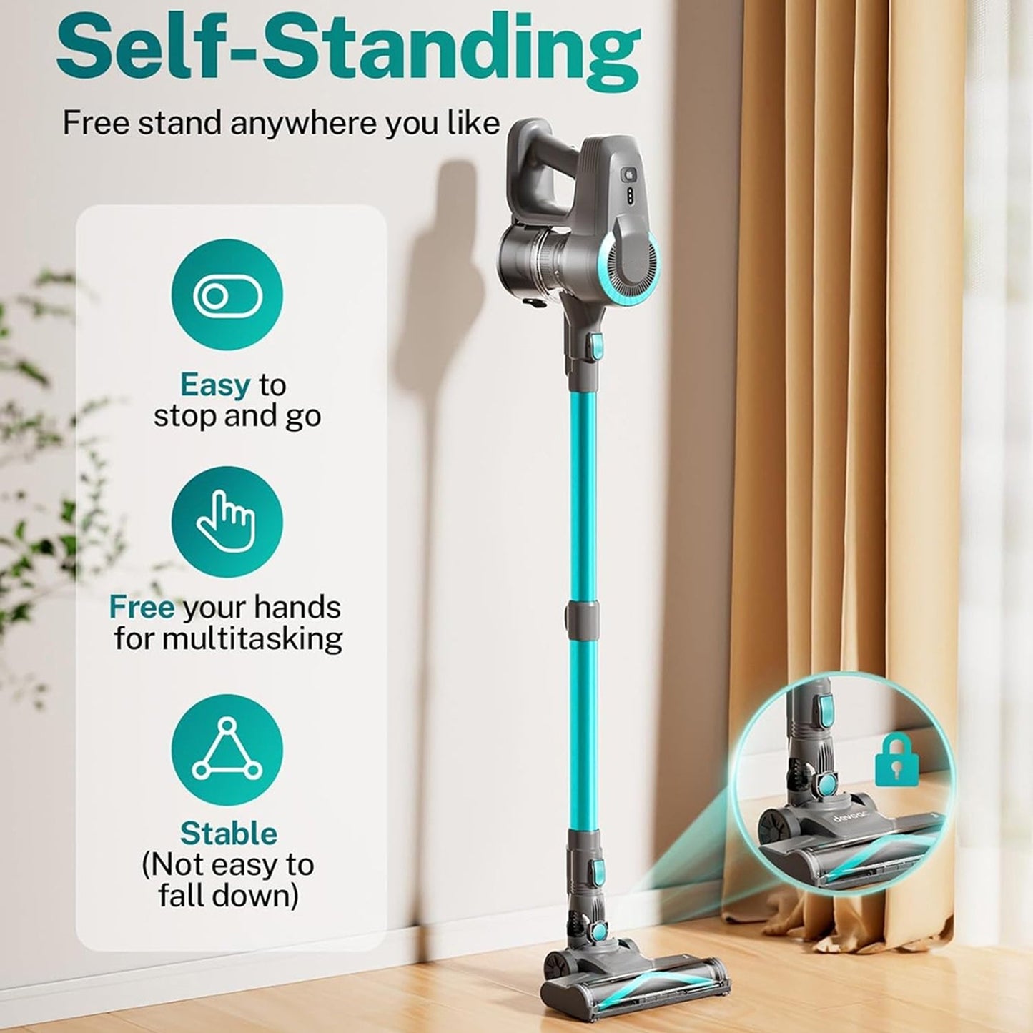 Self-standing FurVaxim Cordless Vacuum Cleaner with features highlighted on a light background