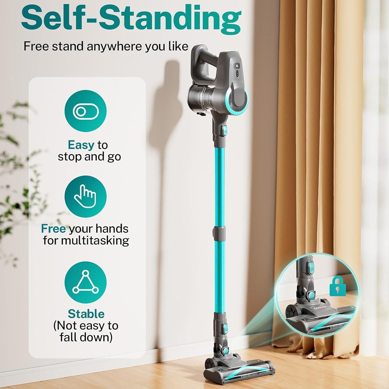 Self-standing FurVaxim Cordless Vacuum Cleaner with features highlighted on a light background