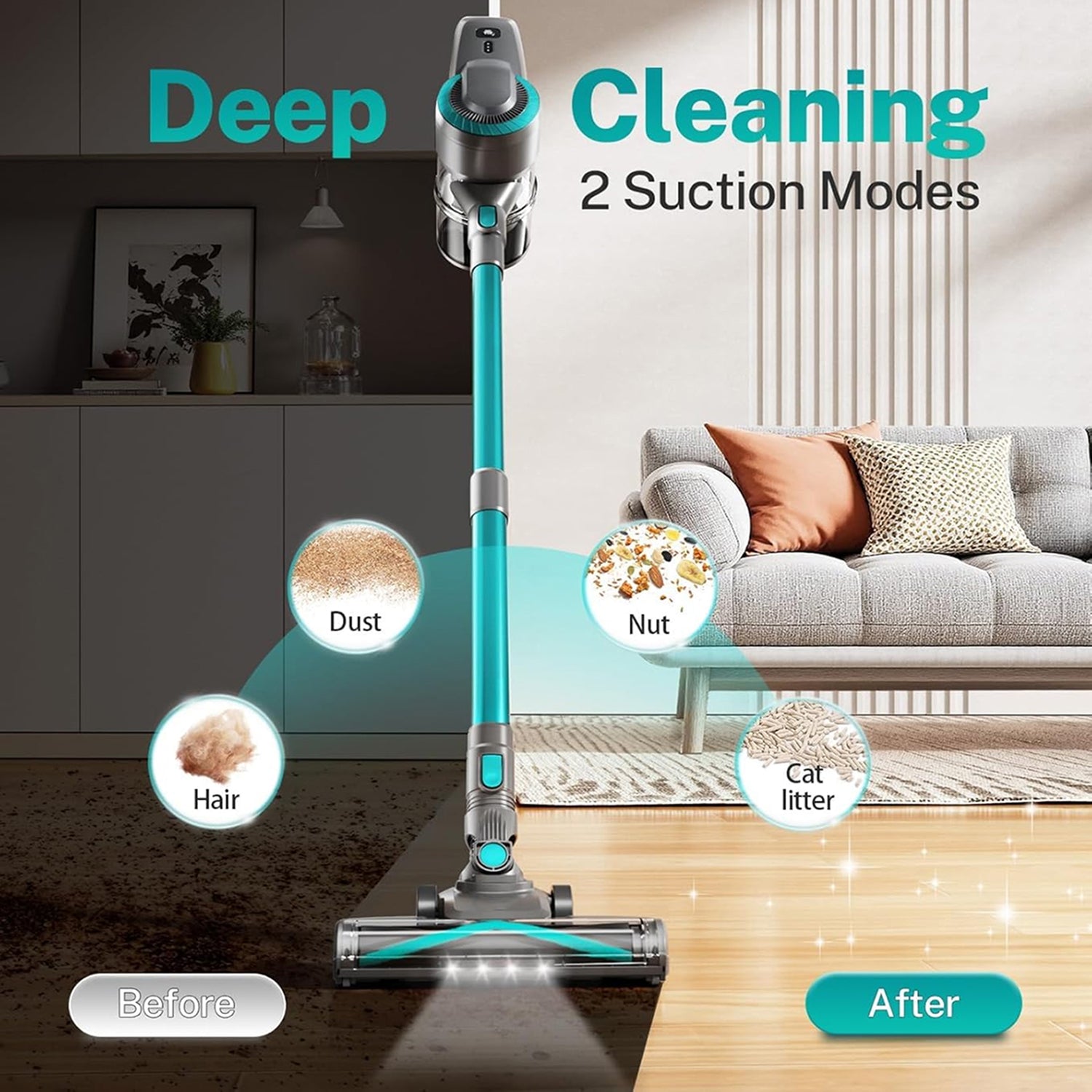 Teal and gray FurVaxim Cordless Vacuum Cleaner with cleaning capabilities on a wooden floor, living room background.