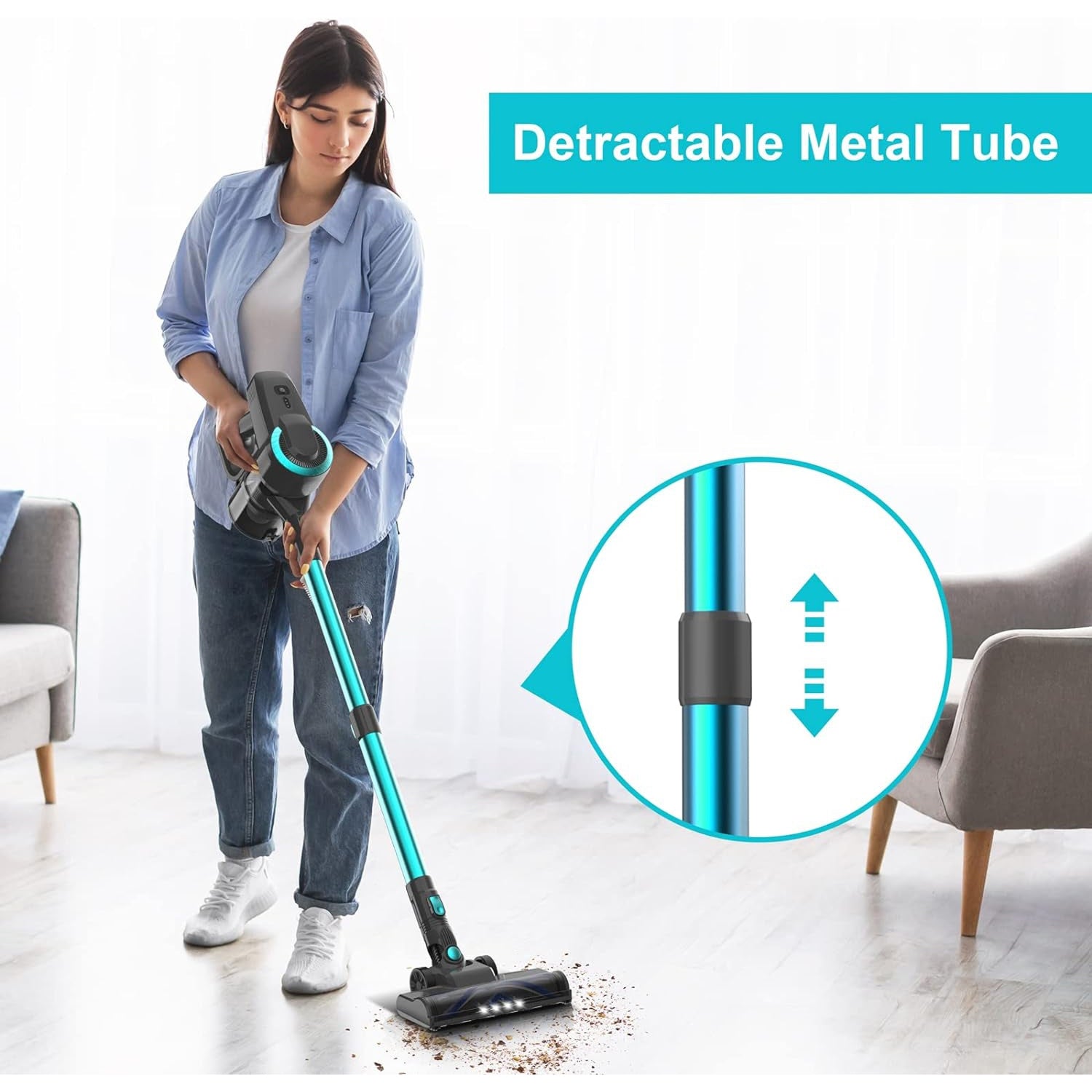 Woman using a FurVaxim Cordless Vacuum Cleaner with a detachable metal tube feature in a living room.