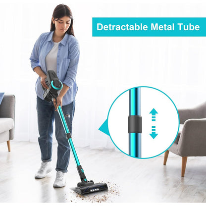 Woman using a FurVaxim Cordless Vacuum Cleaner with a detachable metal tube feature in a living room.