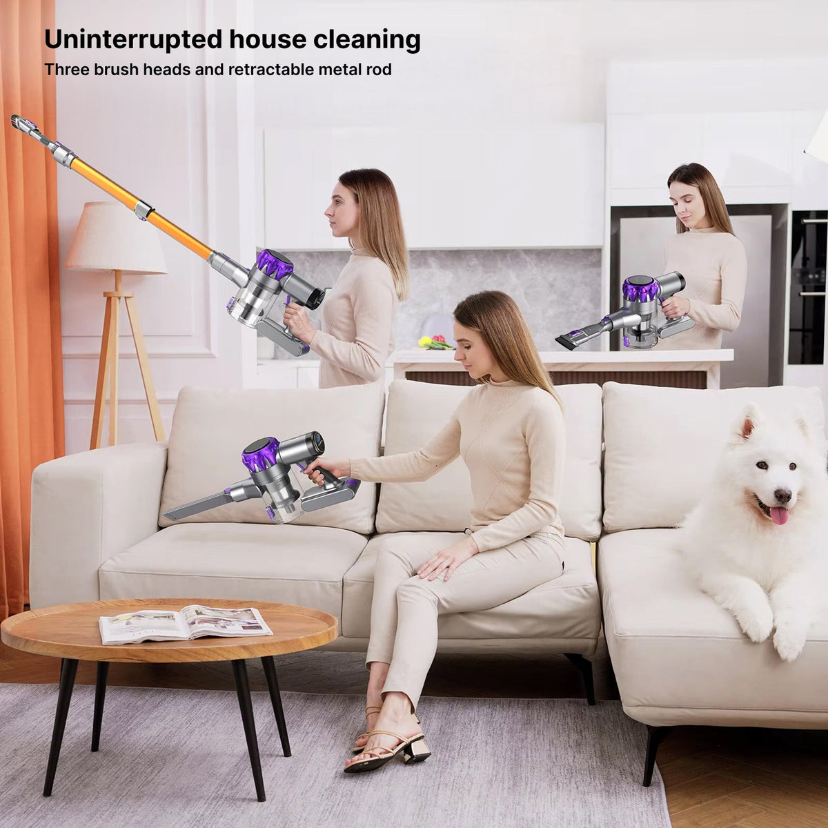 Woman using a FurVaxim V3 Vacuum Cleaner in a living room with a dog sitting on the couch.