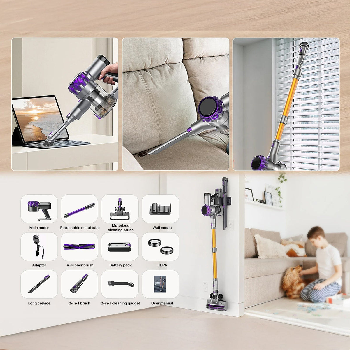 Collage of a cordless FurVaxim V3 Vacuum Cleaner in various settings with attachments displayed below.