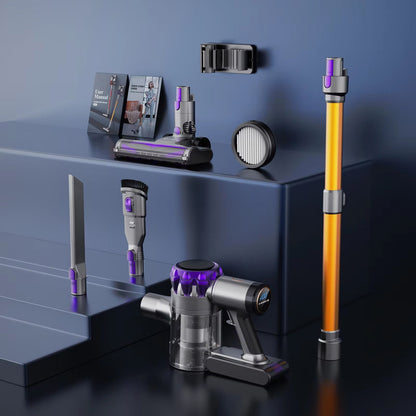Dyson FurVaxim V3 Vacuum Cleaner and attachments on a reflective surface with a blue background