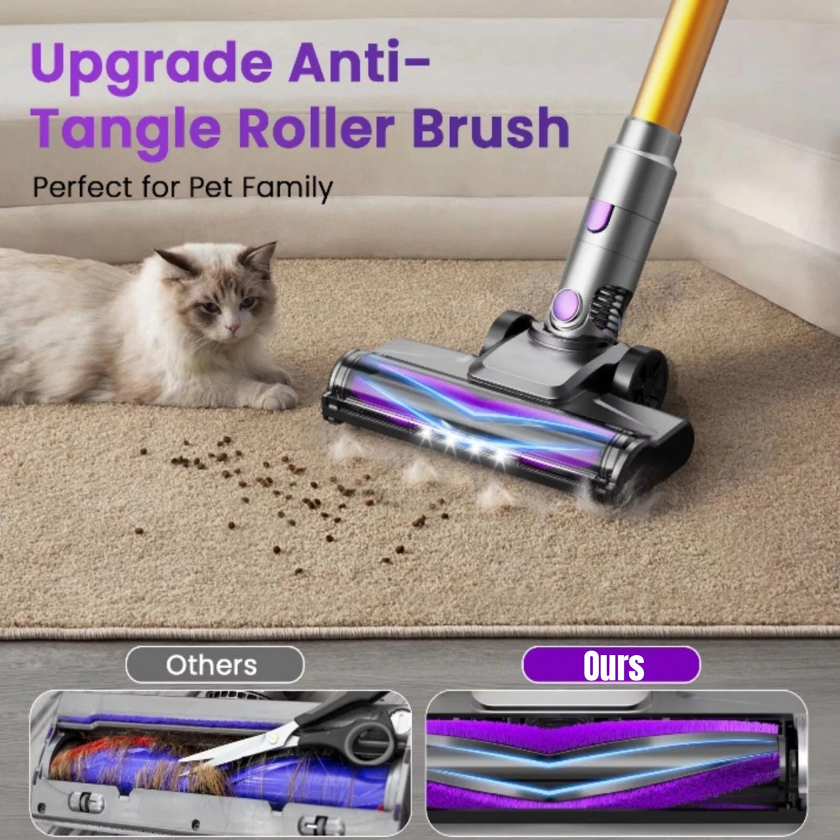 FurVaxim V3 Vacuum Cleaner with anti-tangle roller brush cleaning a carpet next to a cat, with text highlighting the product feature.