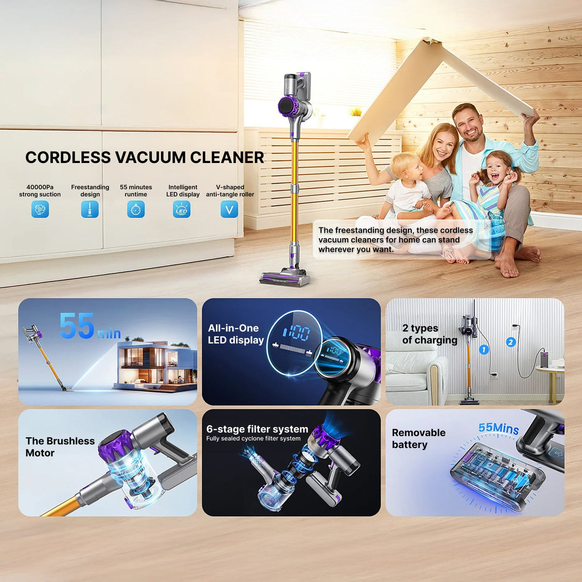 FurVaxim V3 Vacuum Cleaner with family and product features on a wooden floor.