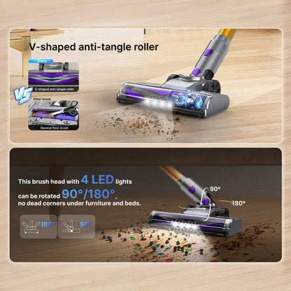 FurVaxim V3 Vacuum Cleaner with V-shaped anti-tangle roller and 4 LED lights on a wooden floor.