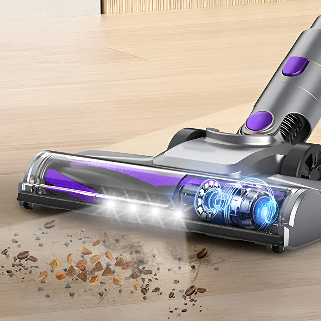 FurVaxim V3 Vacuum Cleaner cleaning a wooden floor with visible dirt particles.