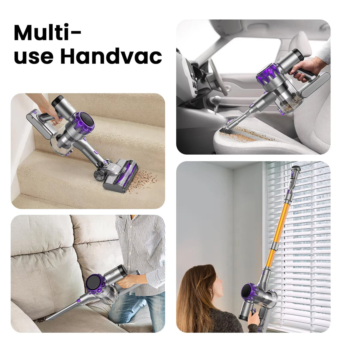 Multi-use handvac being used on various surfaces including a car seat, couch, and blinds.