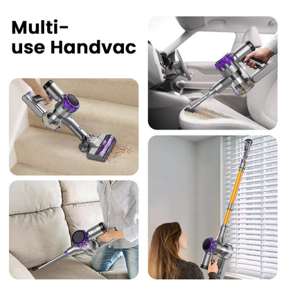 Multi-use handvac being used on various surfaces including a car seat, couch, and blinds.
