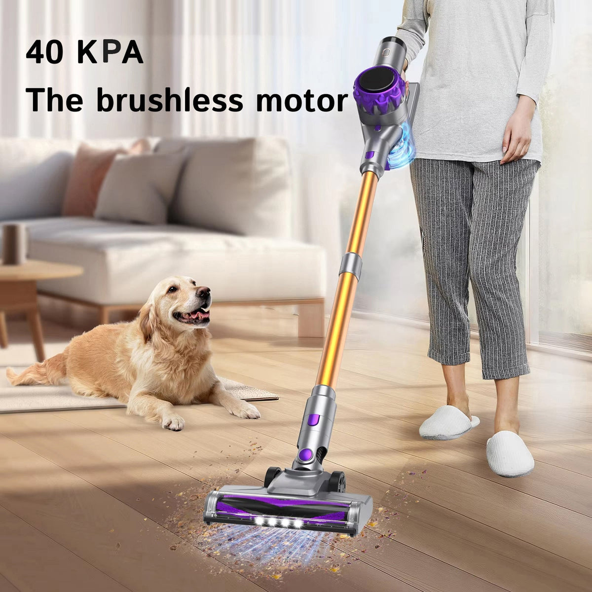 Person using a FurVaxim V3 Vacuum Cleaner on a wooden floor with a dog sitting nearby, in a living room setting.