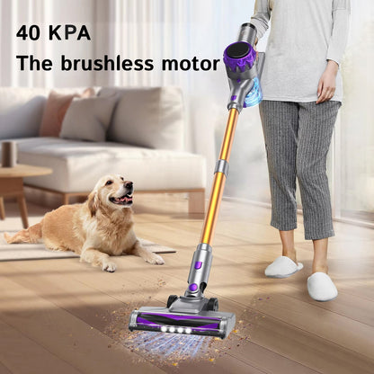Person using a FurVaxim V3 Vacuum Cleaner on a wooden floor with a dog sitting nearby, in a living room setting.