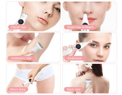 Multifunctional Geekik Bikini Trimmer for Women device being used on various body parts with labeled areas.