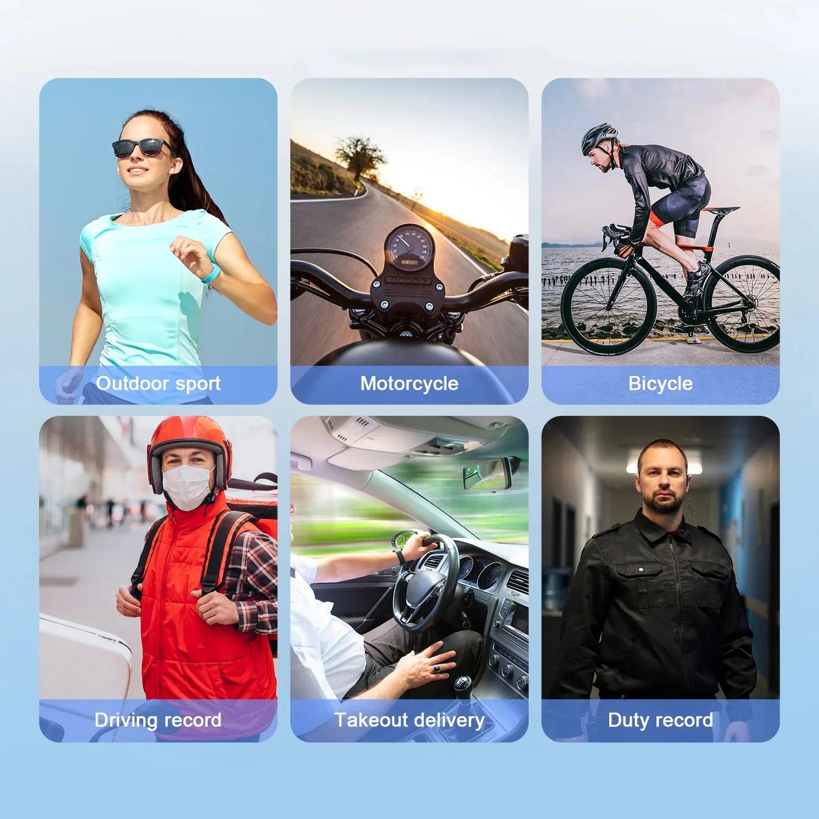 Collage of people engaged in various activities including outdoor sports, motorcycle riding, cycling, driving, and delivery work.