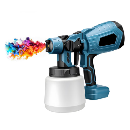 Blue and black Geekik Cordless Paint Sprayer with colorful paint spray on a white background