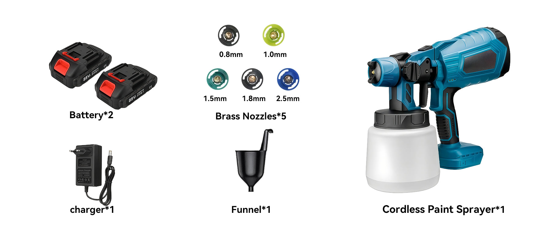 Geekik Cordless Paint Sprayer set with battery, charger, nozzles, funnel, and additional accessories on a white background.