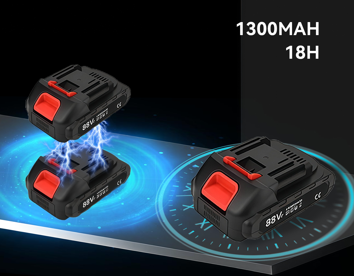 Two 88V batteries with '1300MAH' and '18H' text on a dark background