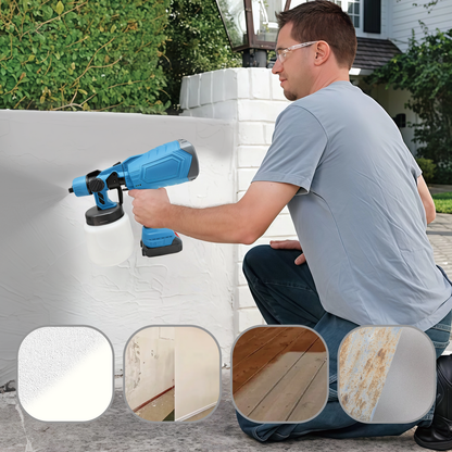 Person using a Geekik Cordless Paint Sprayer on a wall with before-and-after examples of painted surfaces.