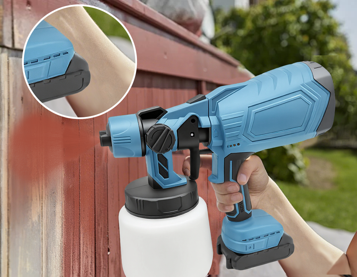 Blue Geekik Cordless Paint Sprayer being used on a wooden surface with a close-up of the nozzle.