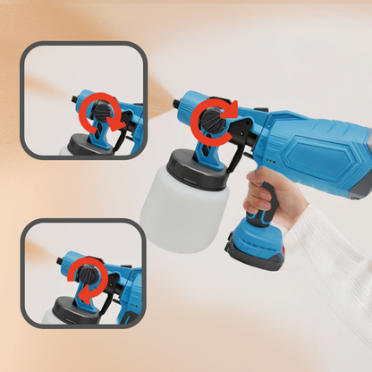 Blue Geekik Cordless Paint Sprayer held by a hand with close-up insets showing different parts.