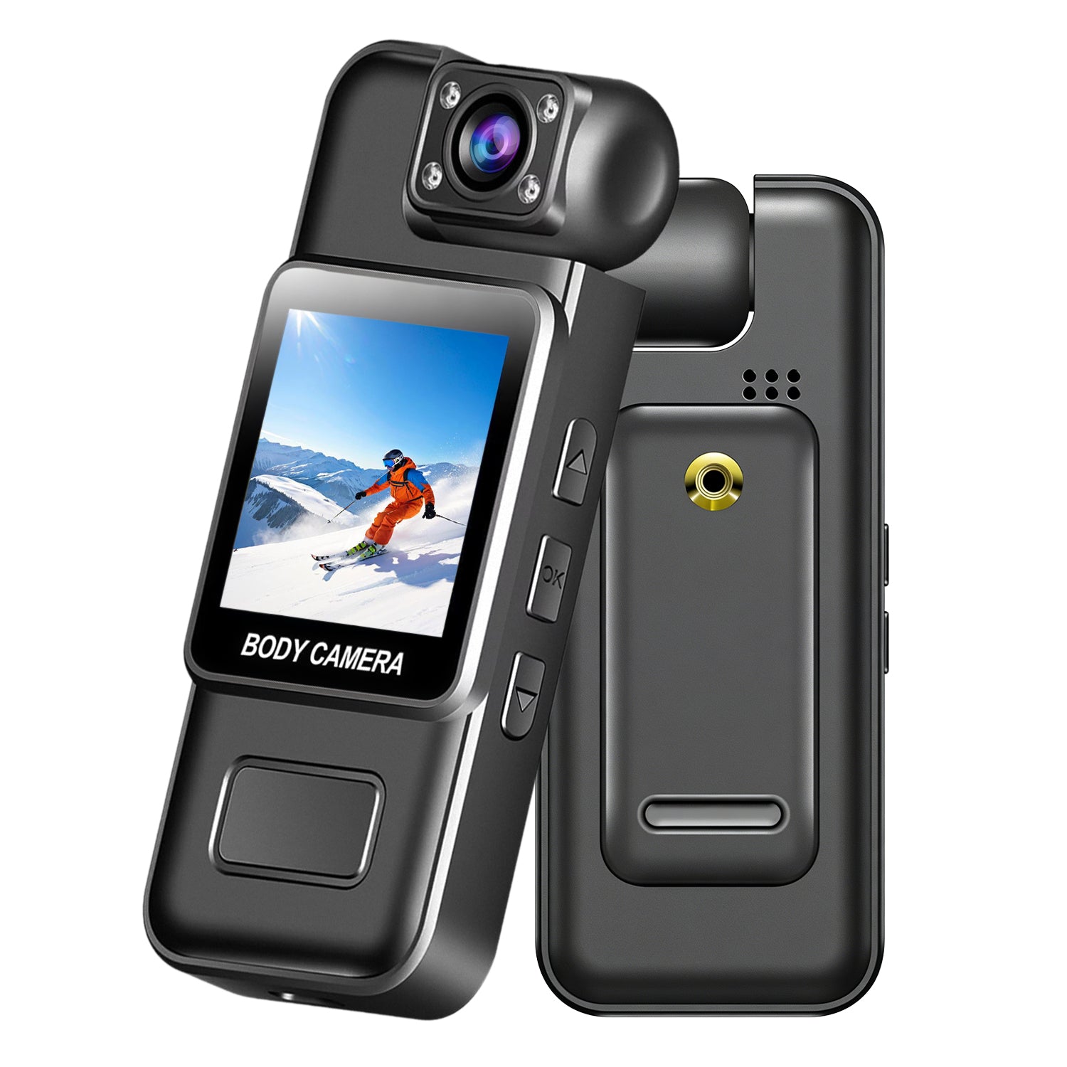 Geekik Mini Body Camera with screen displaying a skier, on a white background