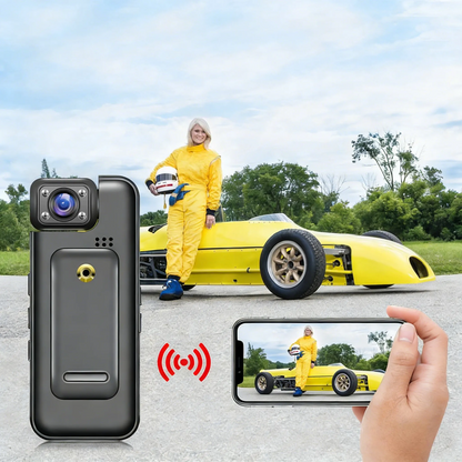 Geekik Mini Body Camera with smartphone app interface, person in yellow suit standing next to a yellow race car.