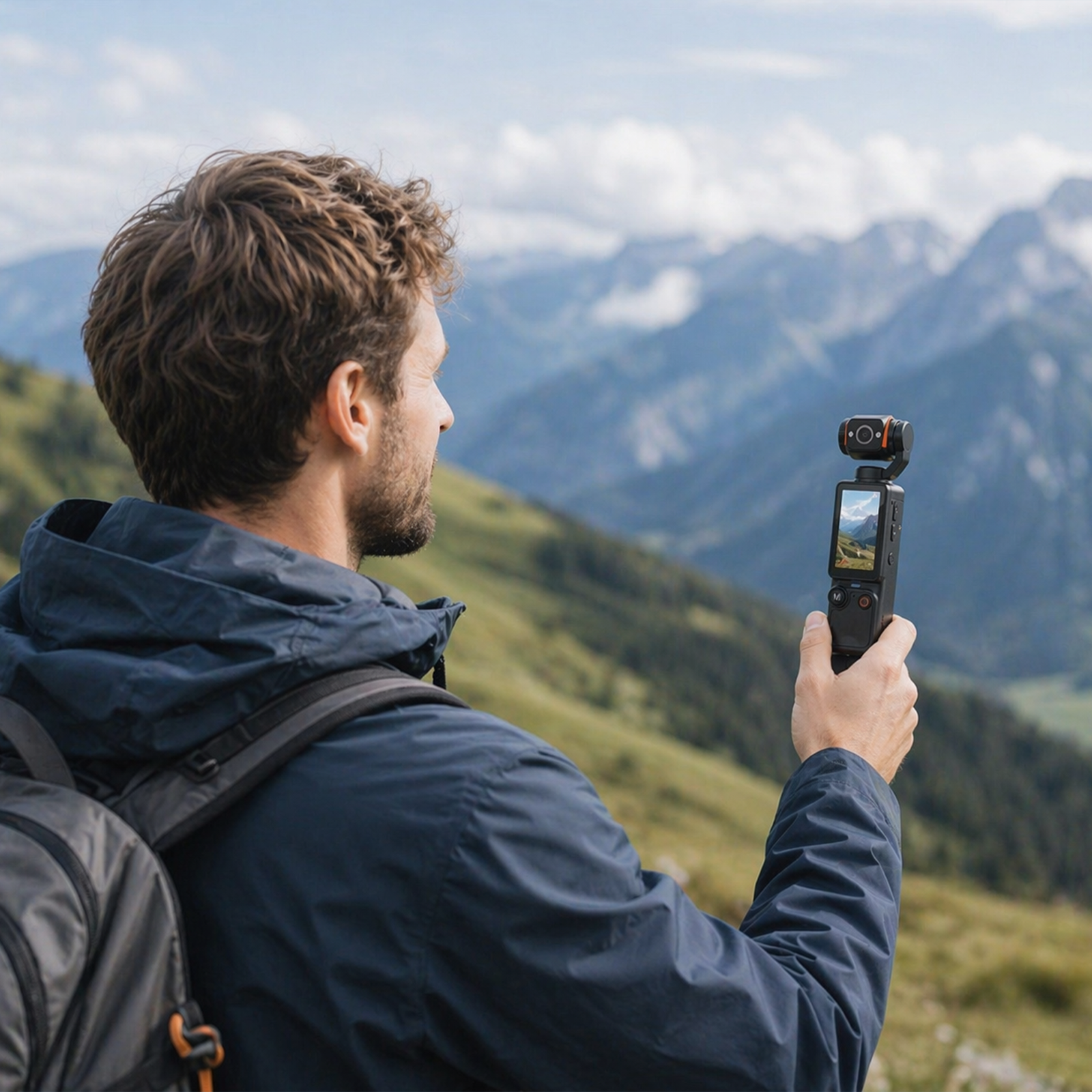 Man taking a photo of mountains with a camera in his hand