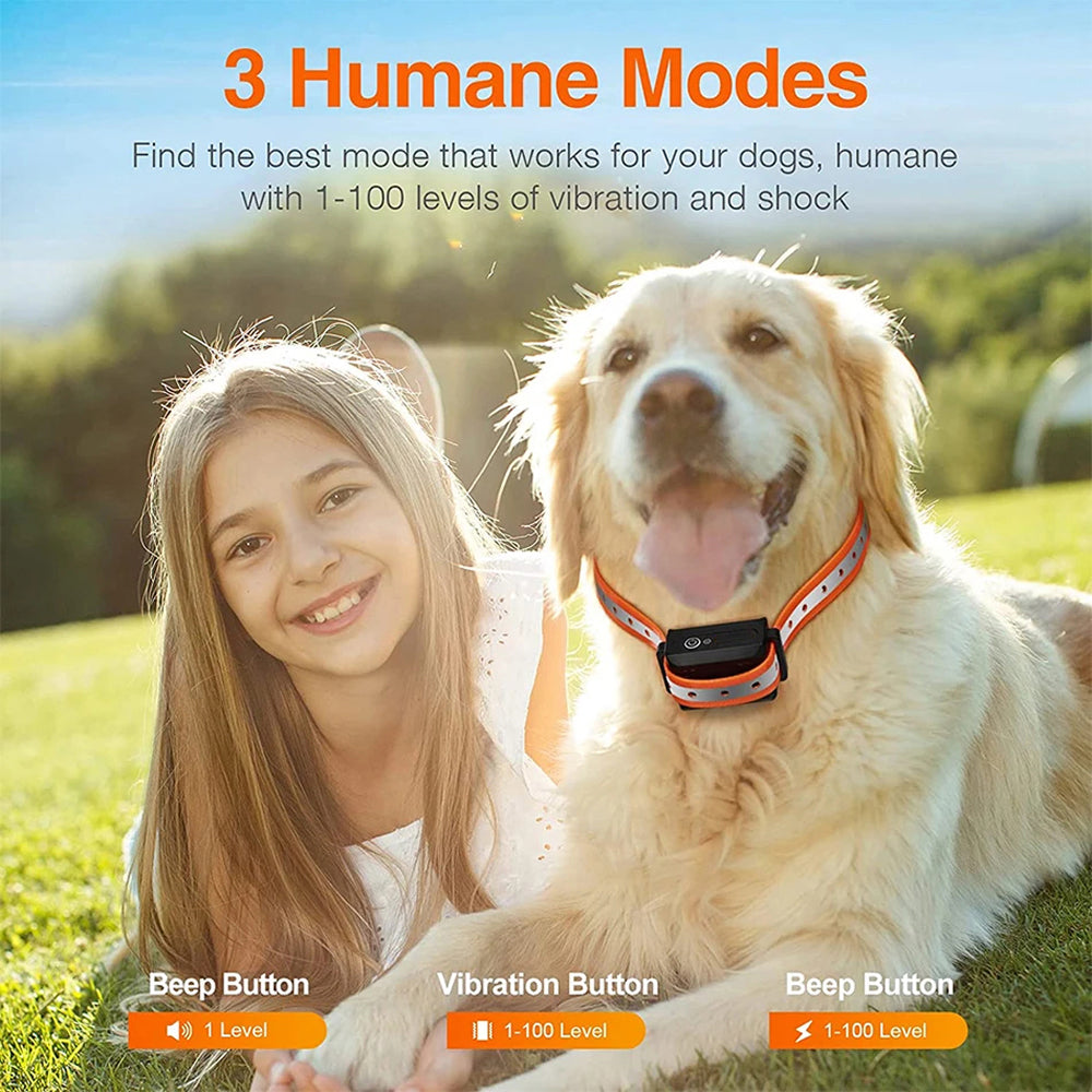 Girl with a dog wearing a GivaxMi Dog Training Collar in an outdoor setting with text about humane modes.