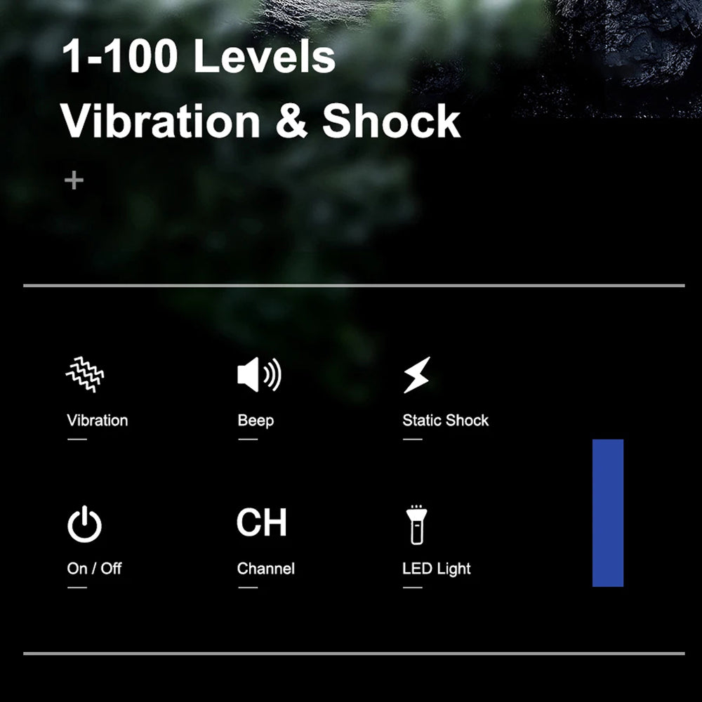 Control panel with vibration, beep, static shock, on/off, channel, and LED light settings on a dark background.