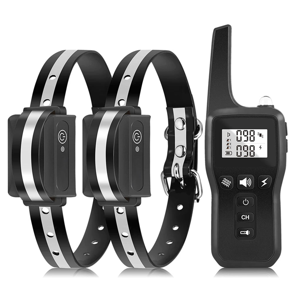Two black GivaxMi Dog Training Collar with silver accents and a remote control on a white background