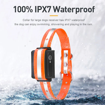 Orange GivaxMi Dog Training Collar with receiver, labeled '100% IPX7 Waterproof', on a water background.