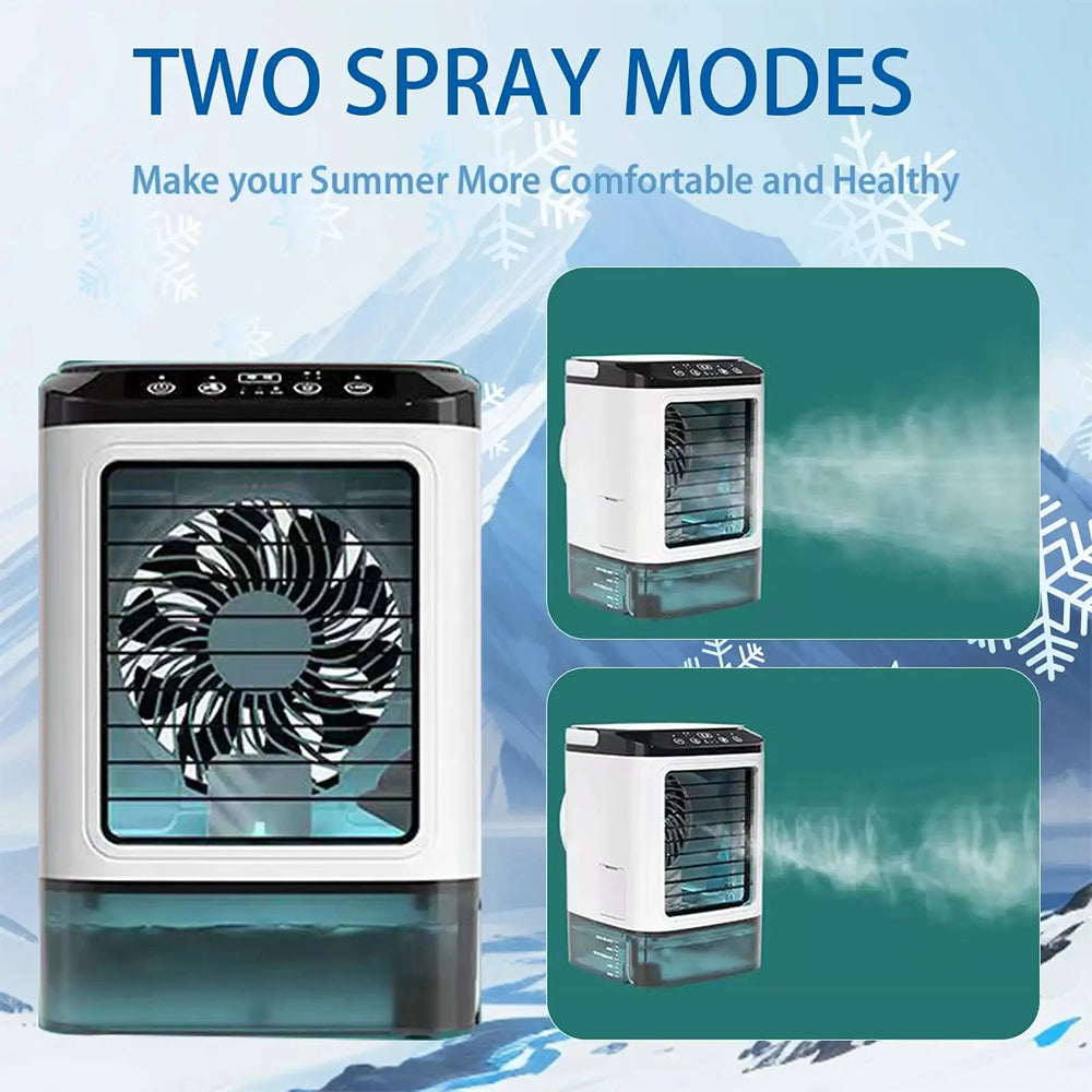GlaciVyex Portable Air Cooler with two spray modes on a blue background