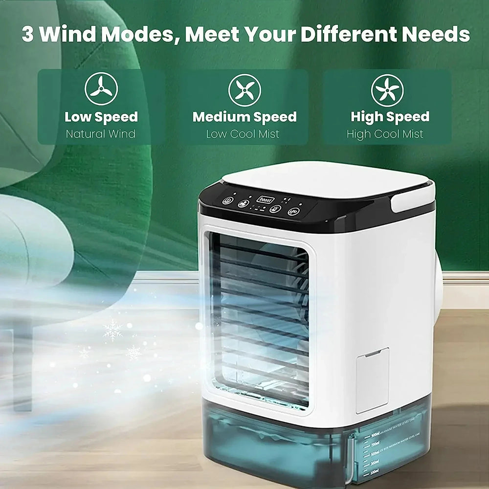 GlaciVyex Portable Air Cooler with three wind mode indicators on a green background