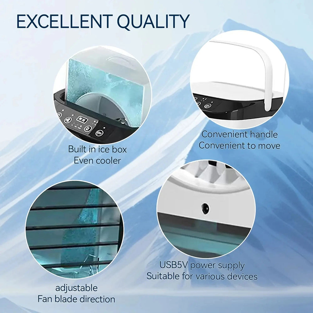 GlaciVyex Portable Air Cooler with text on a blue background