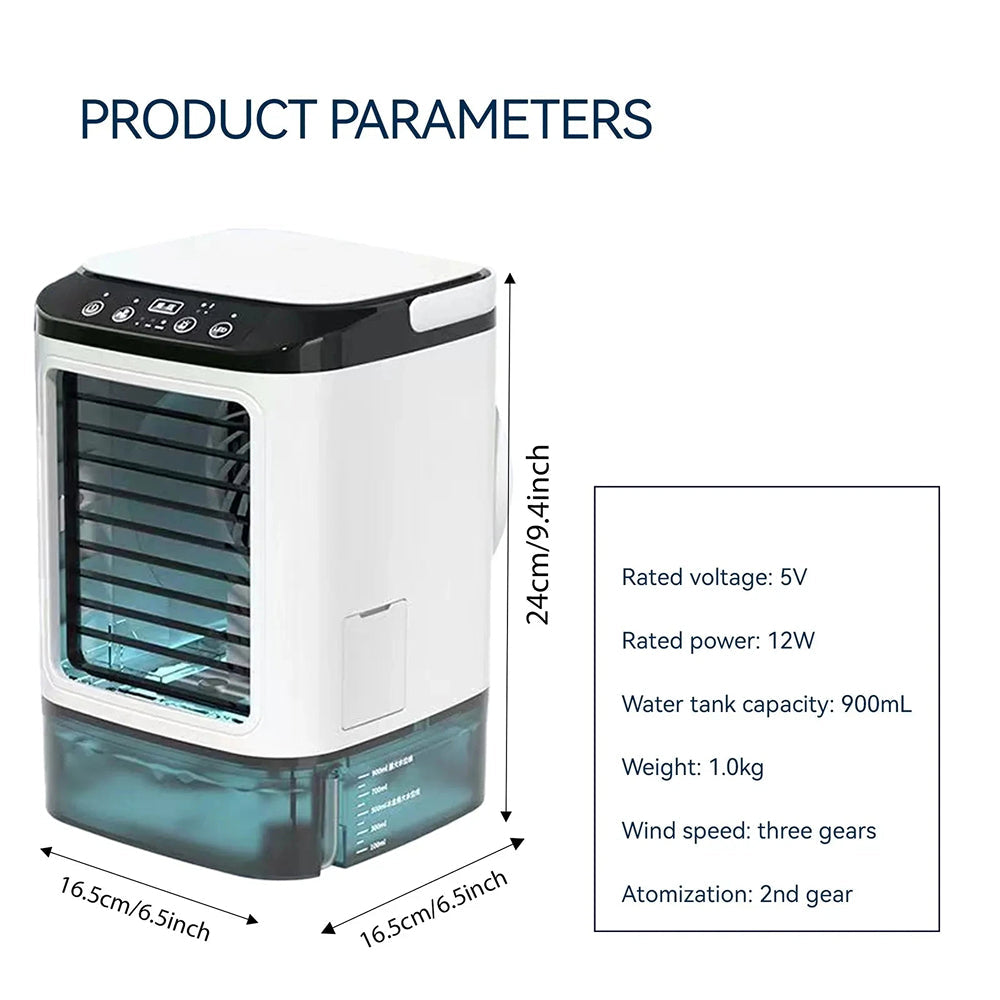 GlaciVyex Portable Air Cooler with product parameters on a white background