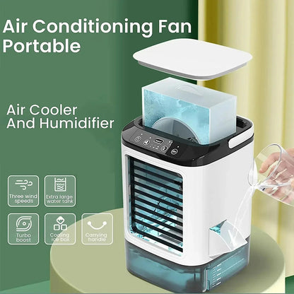 GlaciVyex Portable Air conditioning fan with humidifier on a green background