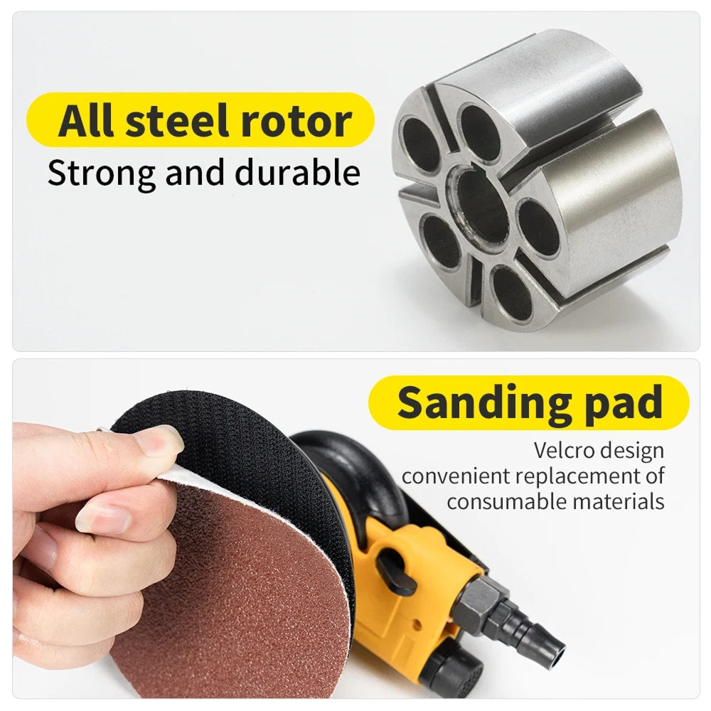Metal rotor with sanding pad and text highlighting features on a white background