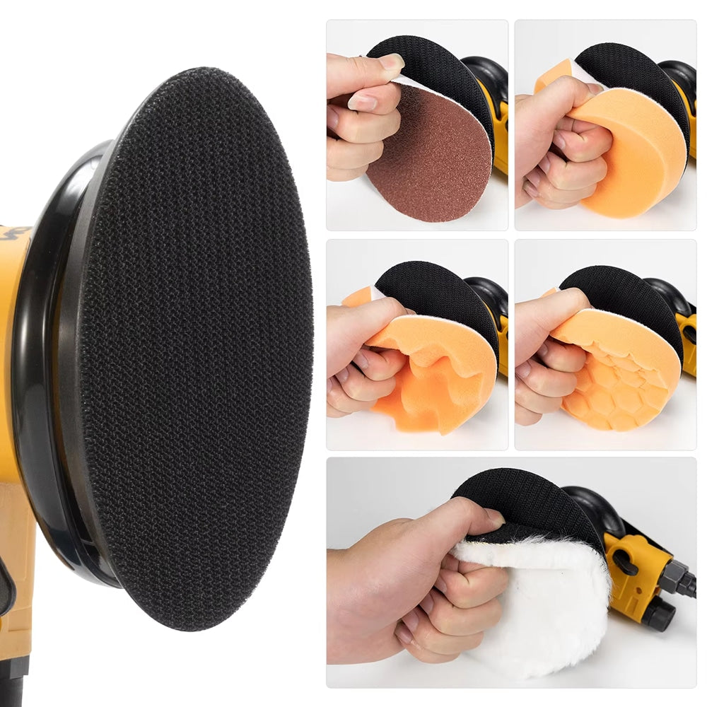 Set of different sanding pads for a Glissedi Palm Sander with close-up shots on a white background.