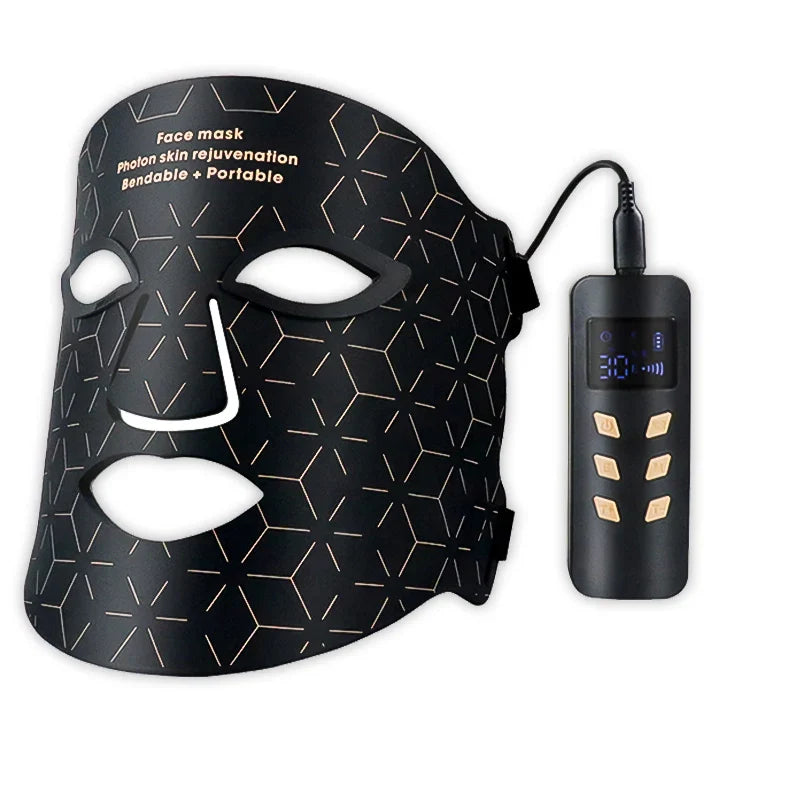 Black Glomask Advanced LED Facial Mask with geometric pattern and portable device on a white background