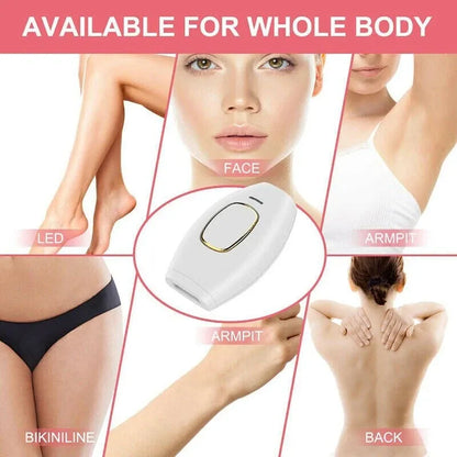 Electrode pad with labeled application areas on a woman's body, including face, armpit, bikini line, and back.