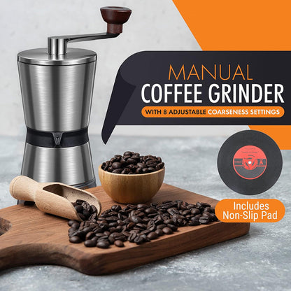 Manual Grindofy Coffee Bean Grinders with coffee beans on a wooden board, branded as Haiyuecoffee.